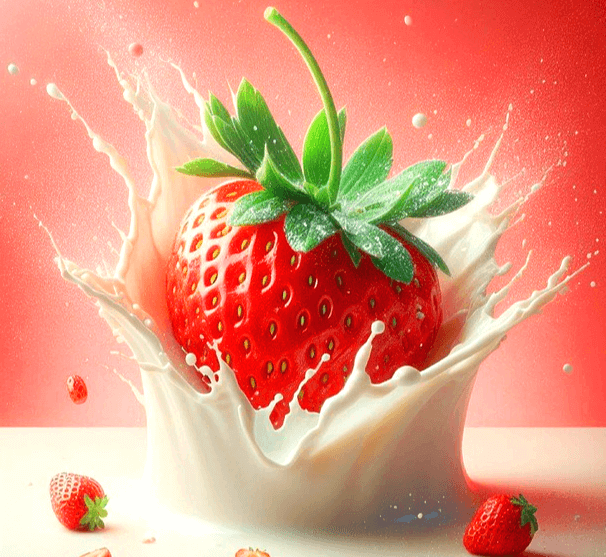 그릇에 하얀 우유가 있고 그 위에 빨간 딸기가 떨어져서 우유가 사방으로 튕기고 있다.