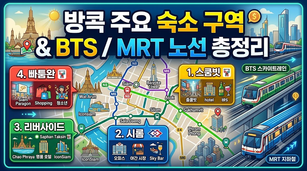 방콕 주요 숙소 위치 및 대중교통 노선 지도