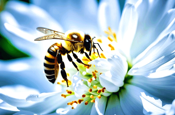하얀 꽃 위에 벌 한 마리가 앉아서 꿀을 먹고있다.