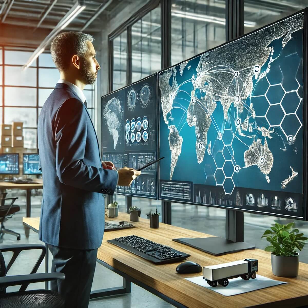 전략적 화물운송 노선 지도를 검토하는 물류 관리자