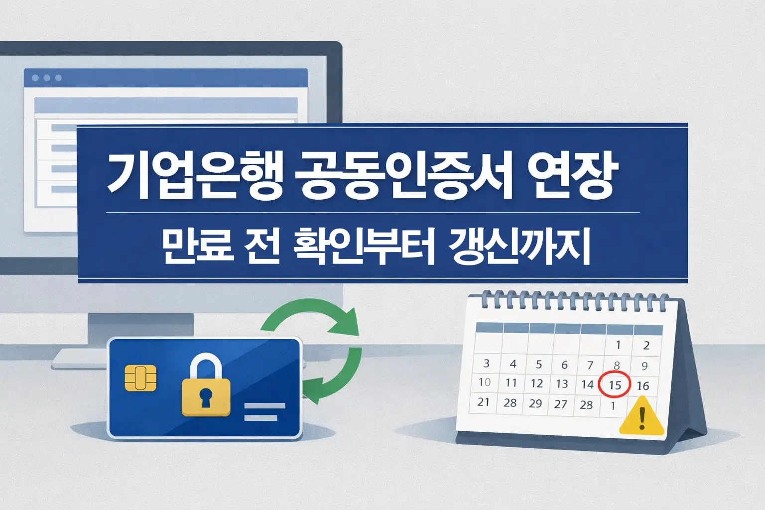 기업은행 공동인증서 연장 글의 전체 흐름을 보여주는 썸네일 이미지로 만료 전 확인과 갱신 진행, 오류 점검까지 어떤 내용을 다루는지 한 번에 이해하도록 구성한 화면