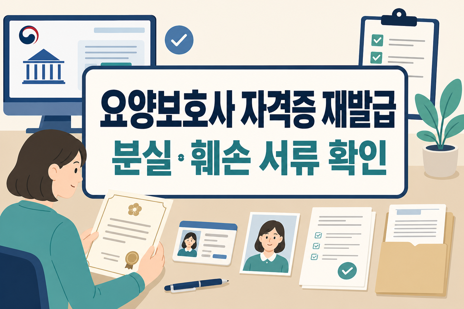 요양보호사 자격증 재발급 방법을 확인할 때 분실&middot;훼손 사유별 필요서류와 정부24 신청 기준을 한눈에 살펴보도록 구성한 썸네일 이미지