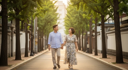 조용한 주택가 골목길을 걷는 중년 부부, 여름 저녁 분위기