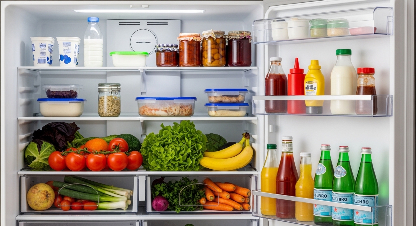 김치 냄새와 반찬 악취가 섞여 불쾌한 냄새가 나는 냉장고 내부