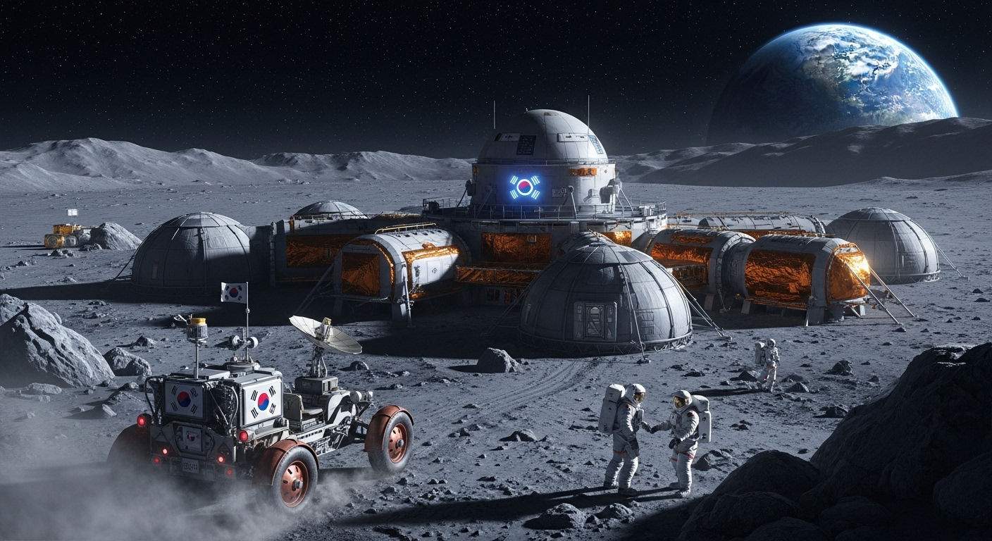 한국의 달 탐사 계획을 상징하는 미래형 달 기지 또는 궤도 정거장 콘셉트 이미지, 지구와 달 표면을 배경으로.