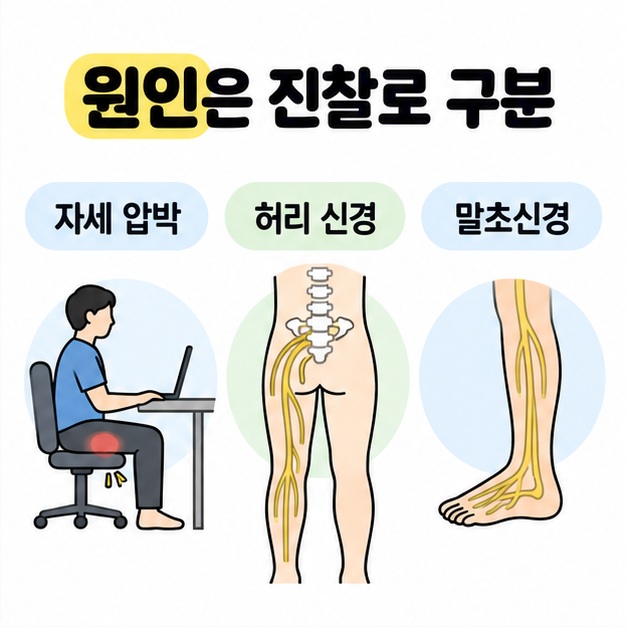 자세 압박과 허리 신경, 말초신경을 앉은 자세와 허리에서 다리로 이어지는 신경 및 발의 신경 그림으로 구분한 도식