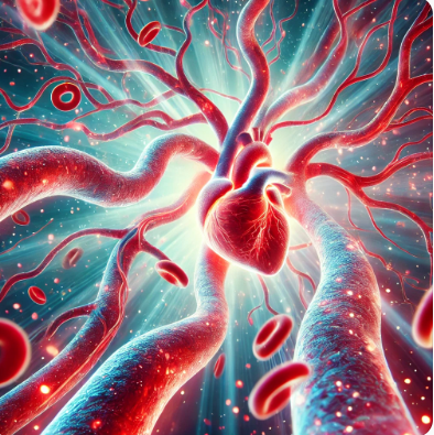 혈관 건강을 상징적으로 표현한 깨끗하고 활력 넘치는 혈류 이미지