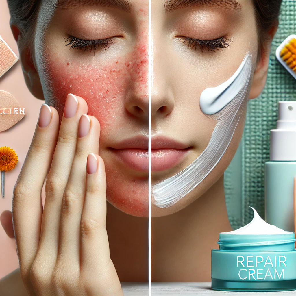 여드름 흉터 치료 후 자외선 차단제와 보습제를 바르는 모습, 한쪽은 붉은 피부, 다른 한쪽은 매끄럽고 보습된 피부로 회복된 모습, 배경에는 스킨케어 제품이 강조된 썸네일