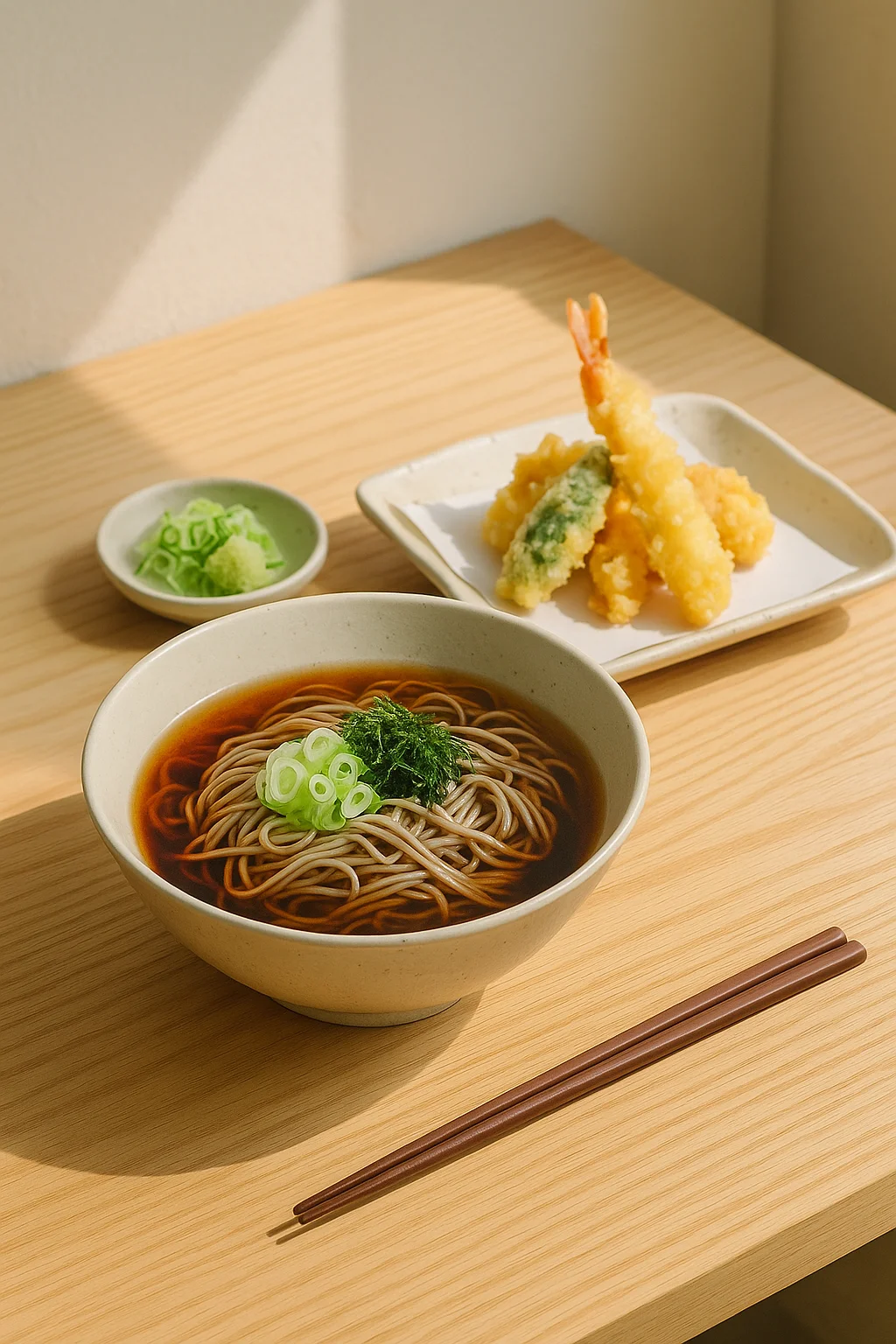 냉모밀 + 튀김 세트, 미니멀한 일식당 스타일, 자연광