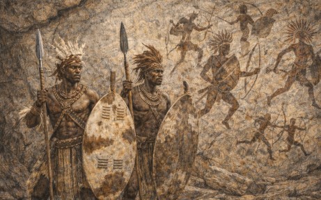 남아프리카 초기 부족의 바위 그림과 그 앞에 서 있는 전사들