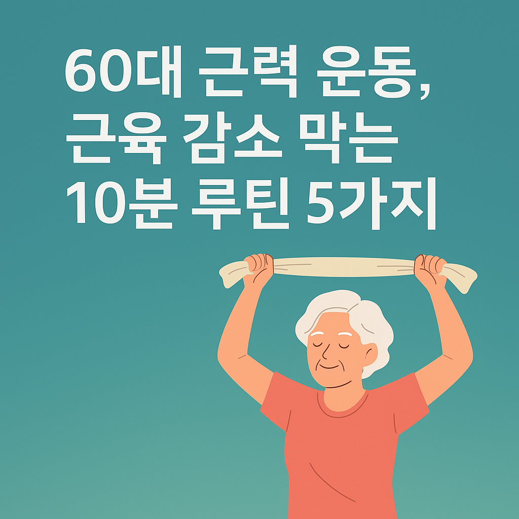 수건을 잡고 어깨를 뒤로 당기며 스트레칭 하는 60대 여성