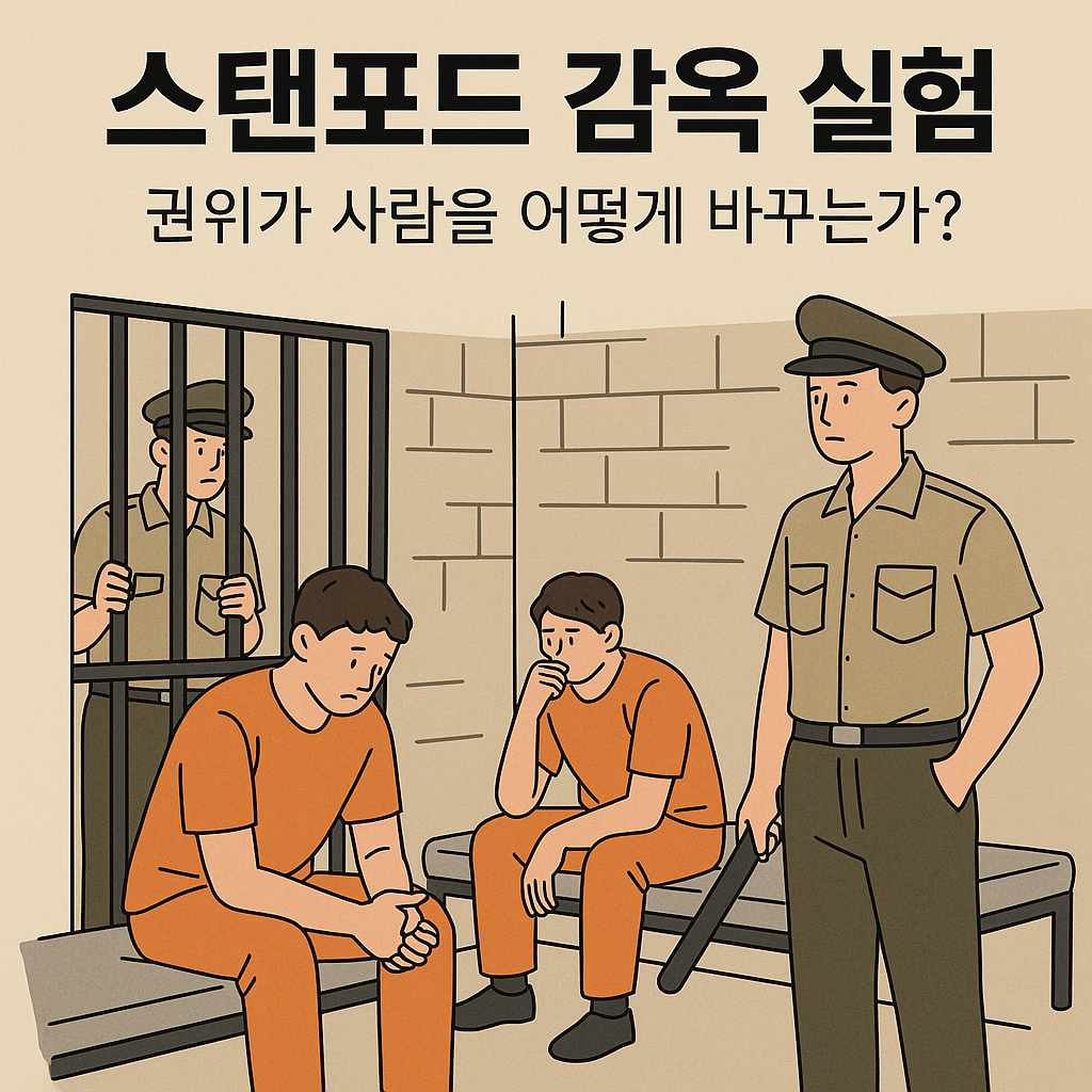 감옥 안에서 오렌지색 죄수복을 입은 학생들과 그들을 지켜보는 간수 복장의 인물들이 등장하는 장면으로, 스탠포드 감옥 실험을 묘사한 감성 일러스트. ‘권위가 사람을 어떻게 바꾸는가?’라는 문구가 포함됨.