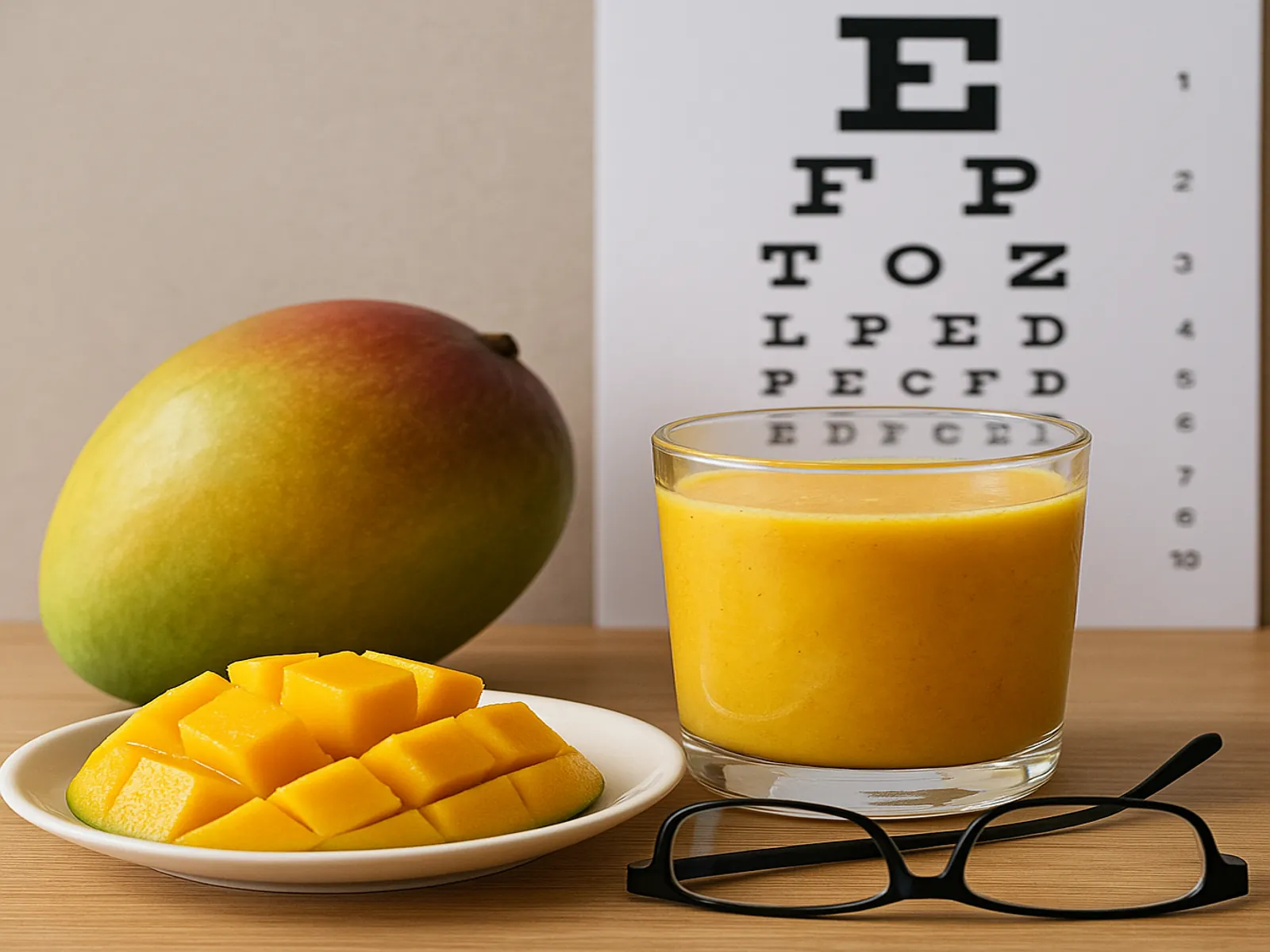 잘 익은 망고와 망고 스무디, 안경과 시력 검사표가 함께 있는 눈 건강 장면