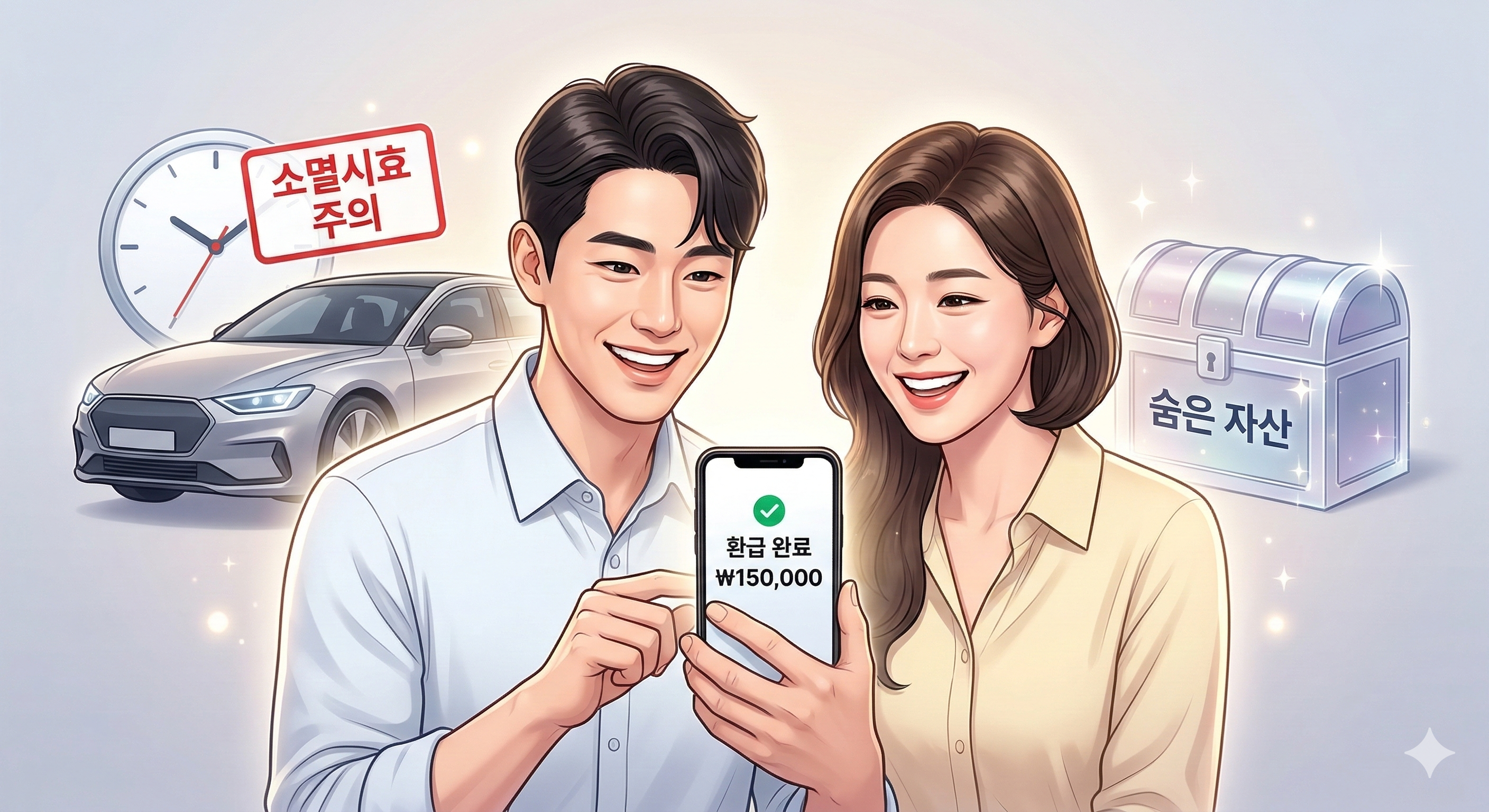 스마트폰으로 잠자는 자동차 환급금을 찾아 미소 짓는 3040 차주와 소멸시효 경고 모래시계