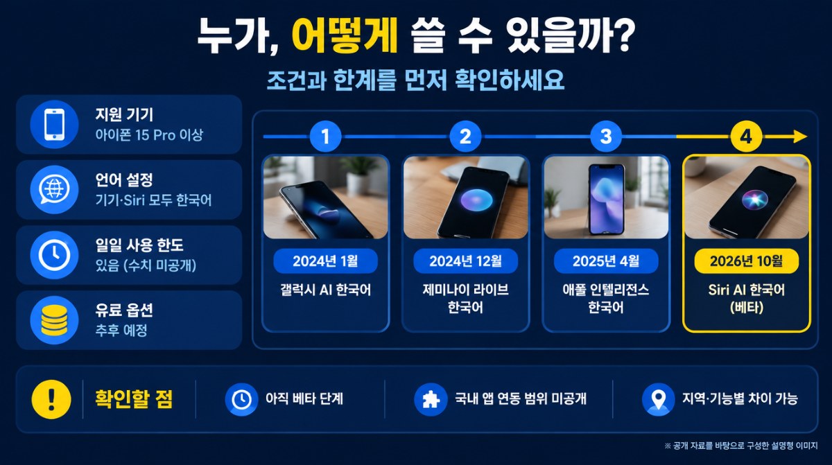 Siri AI 사용 조건과 한국어 AI 비서 출시 흐름 인포그래픽 (AI 생성 이미지)