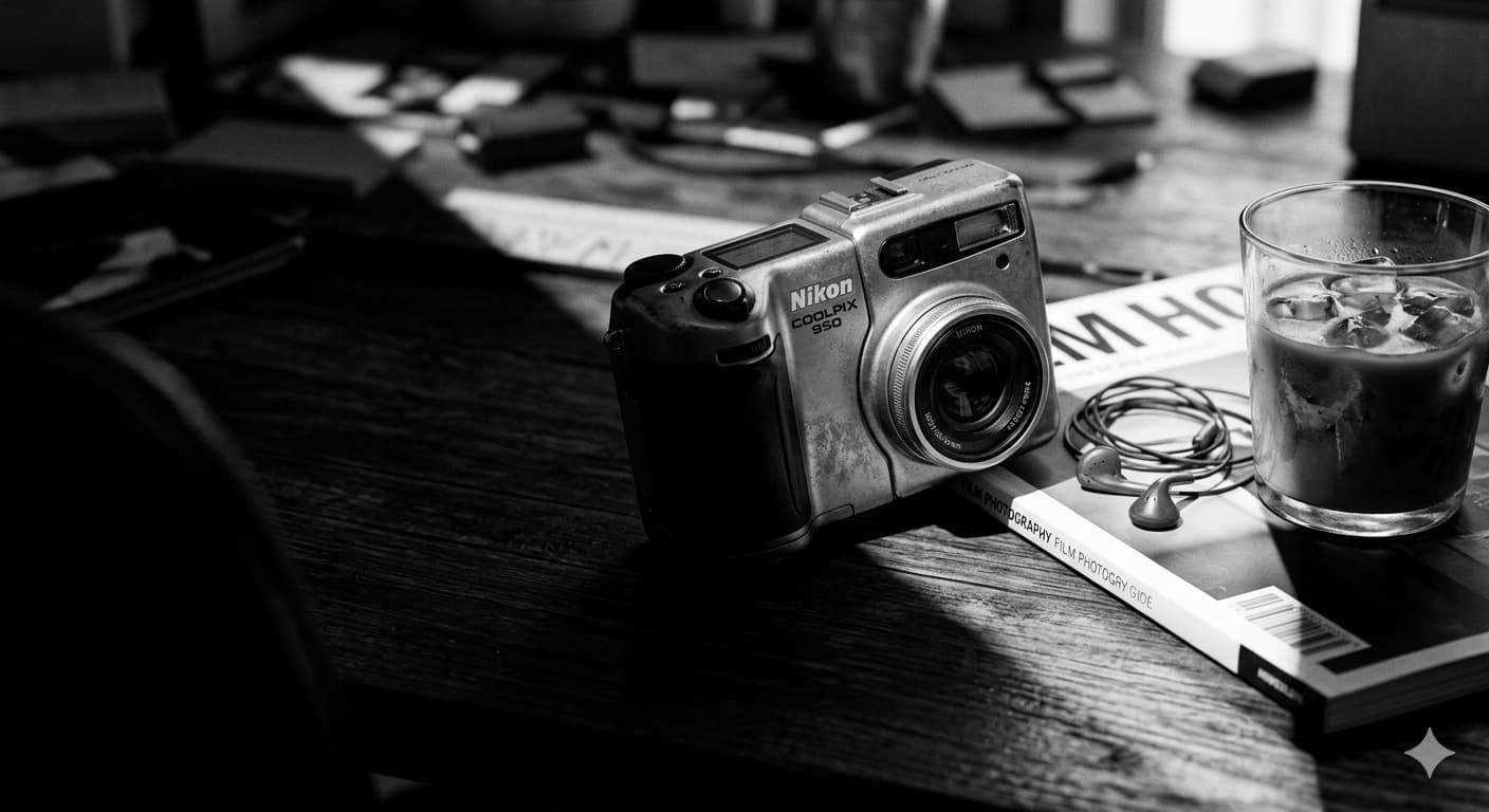 빈티지 디지털 카메라 Nikon Coolpix 950 모델이 책상 위에 스위블(Swivel) 바디를 꺾은 상태로 놓여 있는 모습. 옆에는 사진 잡지, 유선 이어폰, 아이스 커피 잔이 배치되어 있으며 창문을 통해 따뜻한 자연광이 들어오고 있다. 니콘 쿨픽스 950의 금속 질감과 고전적인 디자인이 강조된 컨셉 사진.