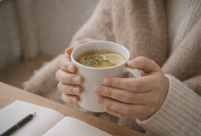 겨울 실내에서 니트를 입은 사람이 두 손으로 김이 나는 따뜻한 차 머그컵을 감싸 쥐고 있는 모습