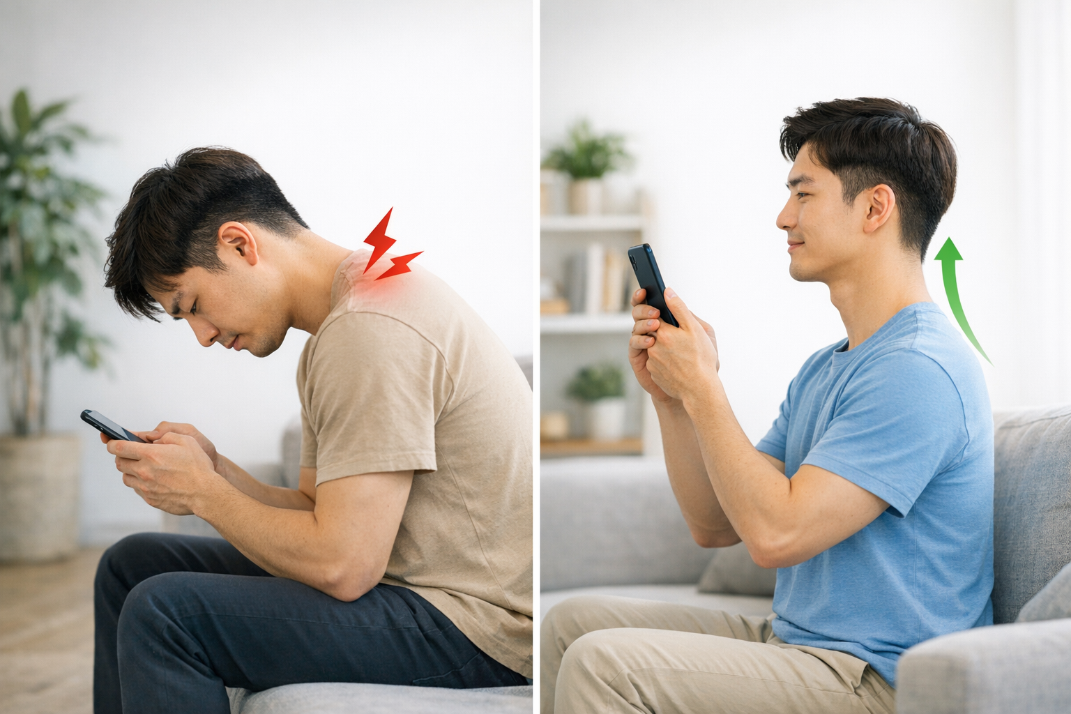 스마트폰을 내려다보는 잘못된 자세와 올바른 자세 비교 이미지