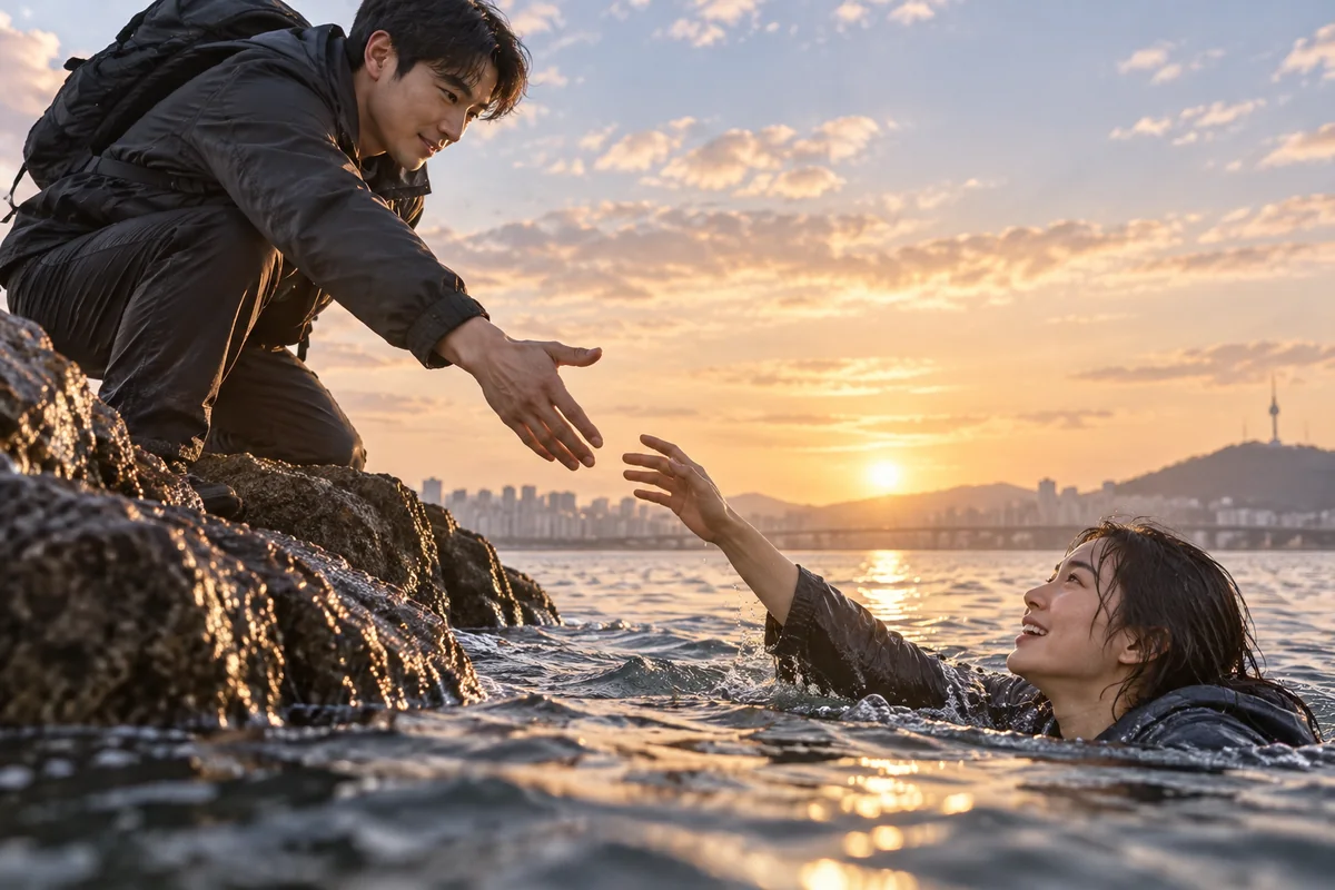 물에 빠진 사람에게 구조의 손길을 내미는 꿈 장면