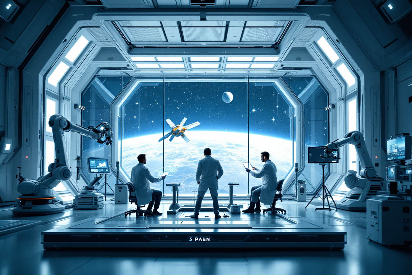 위성을 설계하는 첨단 기술 연구소. 과학자들이 홀로그램과 로봇 팔을 이용해 위성 기술을 개발 중이며, 유리 창 밖으로 지구와 우주가 보이는 모습