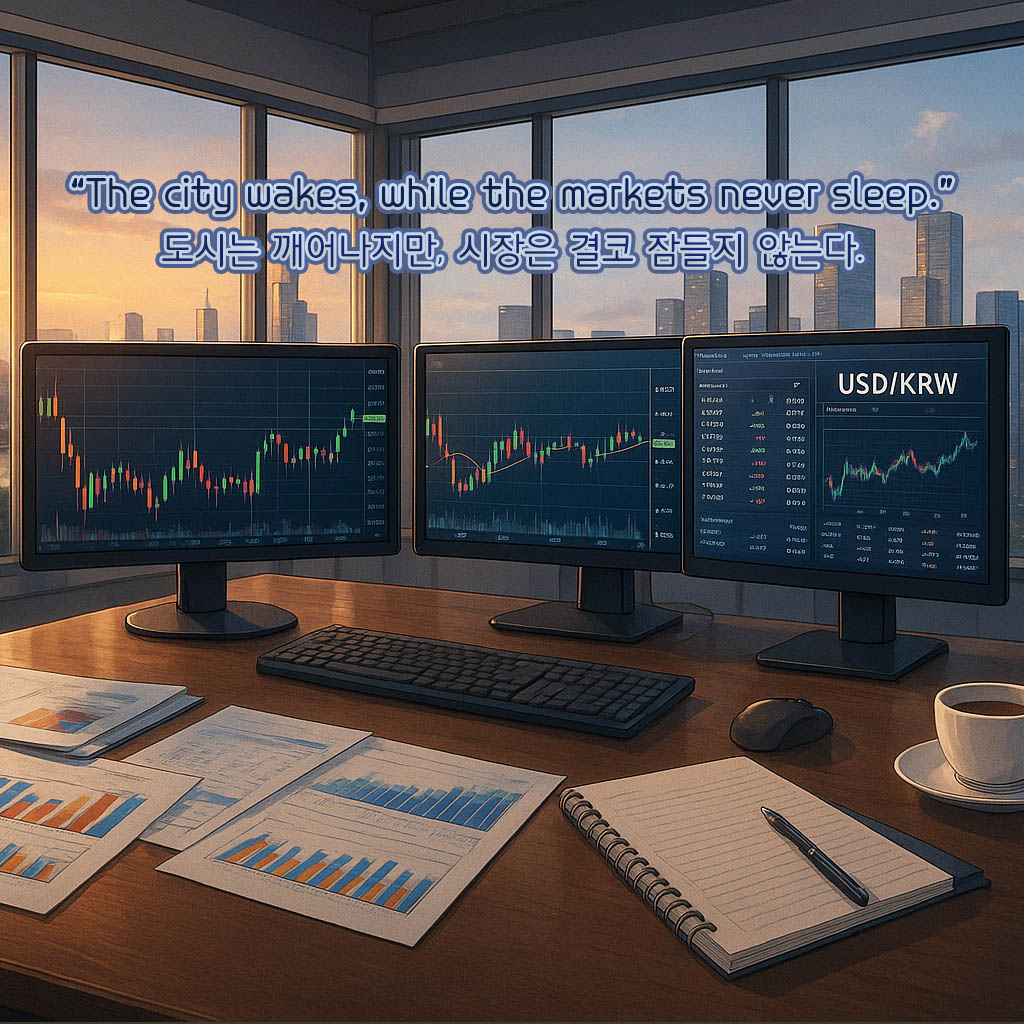 창밖 도시 풍경이 보이는 책상에 두 대의 모니터가 주식 차트를 보여주고, "The city wakes, while the markets never sleep." 이라는 문구가 적힌 이미지.