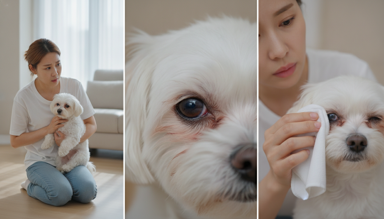 반려견의 눈 건강을 걱정하며 눈을 살펴보는 보호자와 충혈된 반려견의 눈, 그리고 조심스럽게 응급처치를 하는 모습.