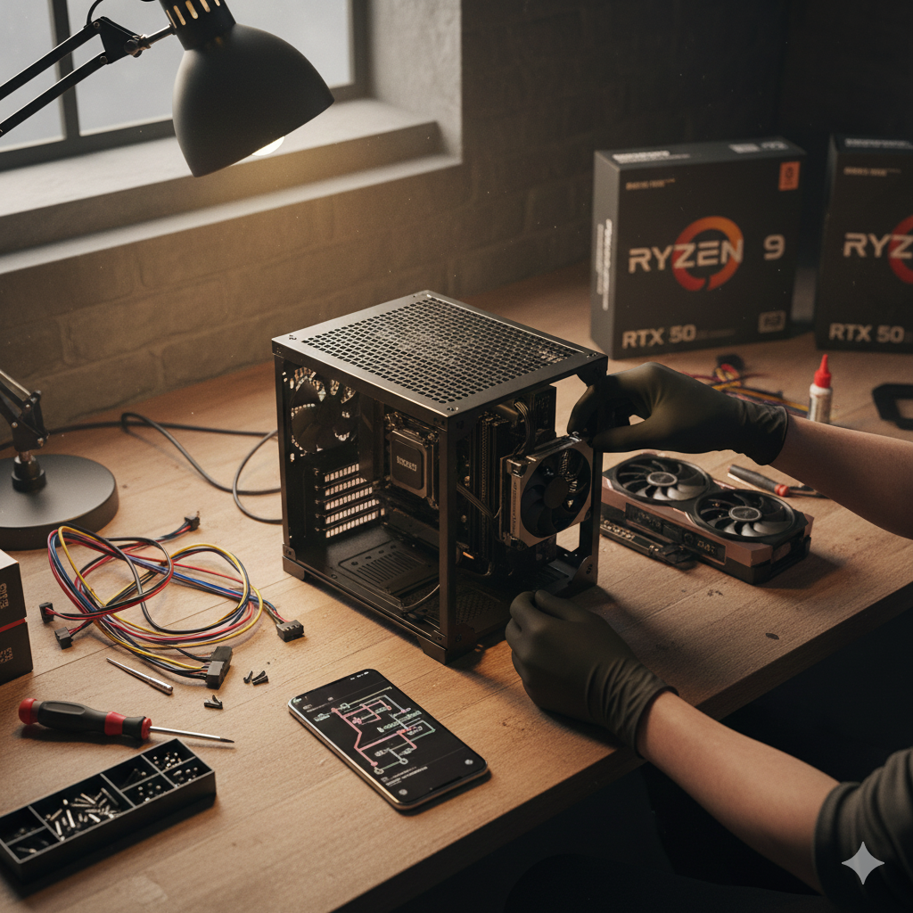 검은 장갑을 낀 두 손이 나무로 된 작업대 위에서 소형 폼팩터(SFF) PC 조립 작업을 진행하는 매우 사실적인 이미지예요. 작업대 중앙에는 작고 검은색인 직육면체 ITX 케이스의 프레임이 놓여 있고, 그 안에 CPU 쿨러와 메인보드가 부분적으로 조립되어 있어요. 오른쪽 손은 쿨러를 고정하는 작업을 하고 있고, 왼쪽 손은 케이스 아래쪽 부품을 만지고 있어요. 케이스 오른쪽에는 아직 장착되지 않은 그래픽카드와 CPU 박스(RYZEN 9, RTX 50 시리즈 문구 일부가 보임), 그리고 드라이버와 나사통이 놓여 있어요. 조립자는 스마트폰 화면을 통해 케이스 내부의 설계도나 조립 가이드를 확인하며 작업을 진행하고 있고, 주변에는 각종 케이블과 공구들이 흩어져 있어요. 창문에서 들어오는 자연광과 책상 스탠드의 인공광이 작업 공간을 비추고 있어요.