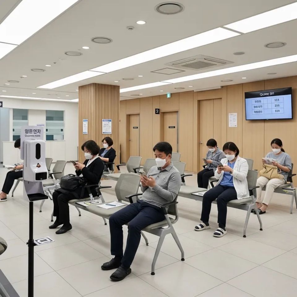 병원 대기실에서 마스크를 쓰고 진료 순서를 기다리는 사람들