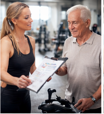 헬스장에서 운동과 단백질 식단이 근감소증 예방에 얼마나 중요한지 설명을 듣고 있는 시니어
이미지 출처: Gemini AI 생성