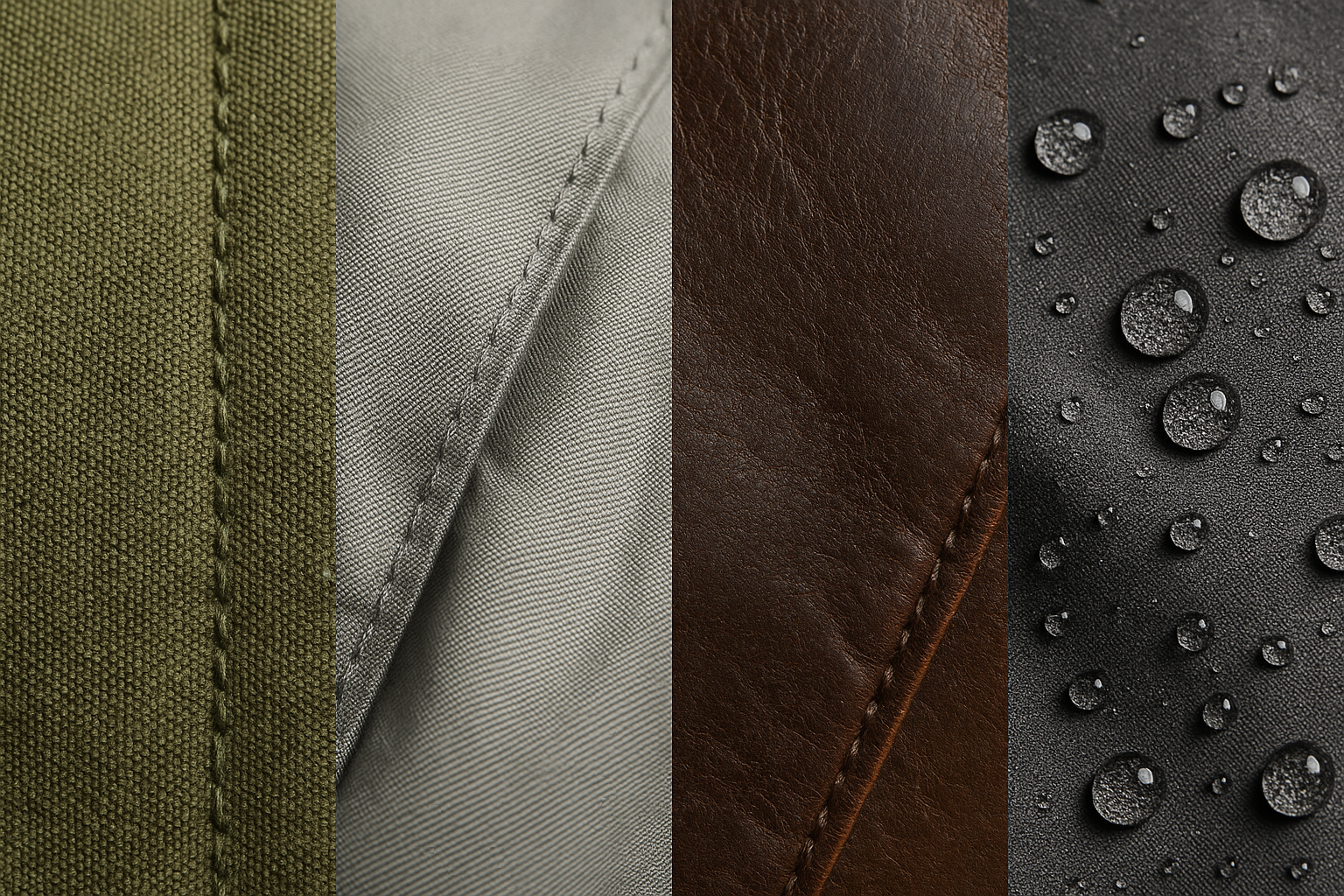 네 구획에 카키 캔버스, 회색 합성섬유, 갈색 가죽, 발수 처리된 방수 원단이 근접 촬영된 컷, 서로 다른 표면 감촉을 보여줌