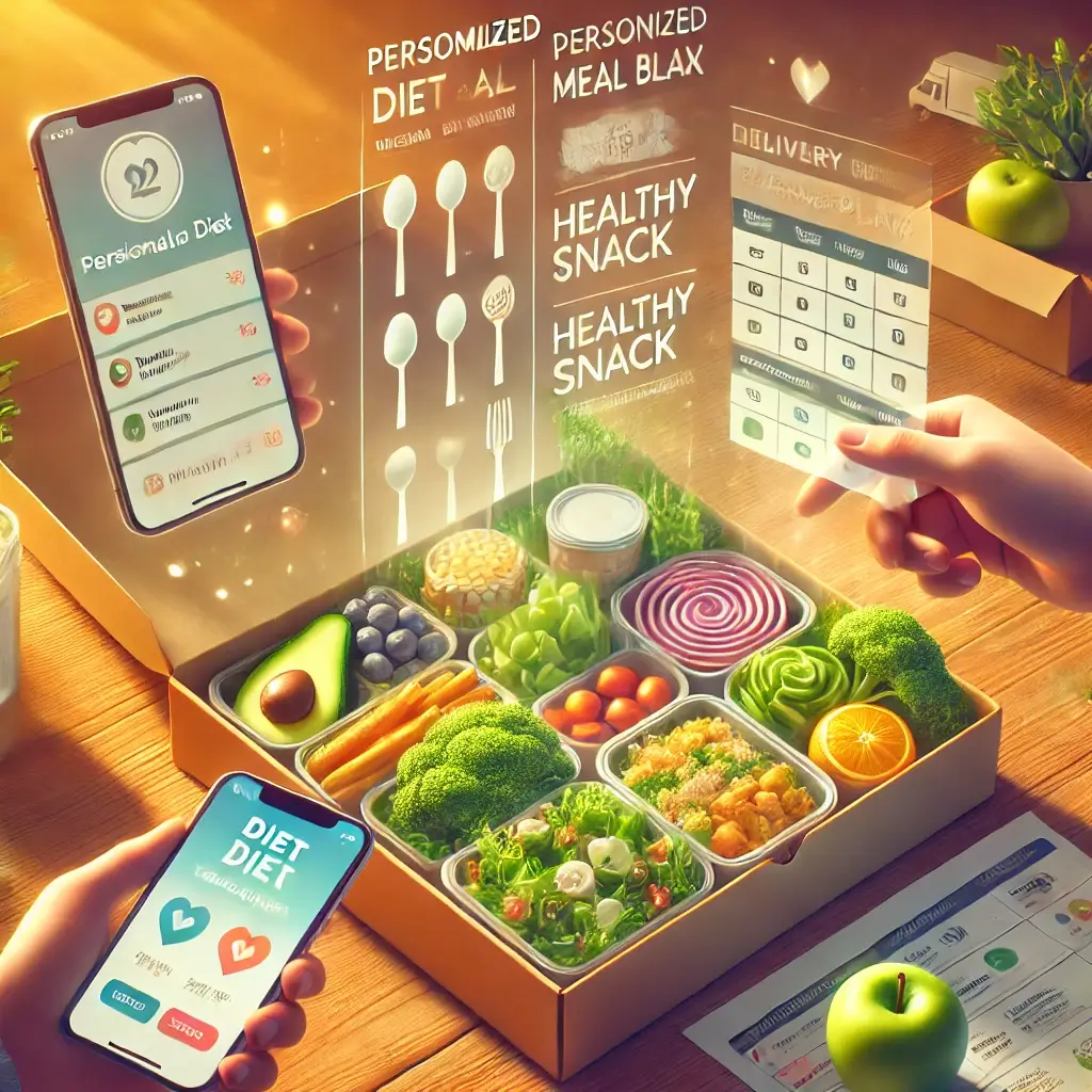 맞춤형 다이어트 도시락 & 건강 간식 배달 서비스를 표현한 이미지입니다! 🥗📦
신선한 식재료, 개인 맞춤형 식단, 편리한 앱 시스템 등 건강과 편의성을 강조한 디자인이에요