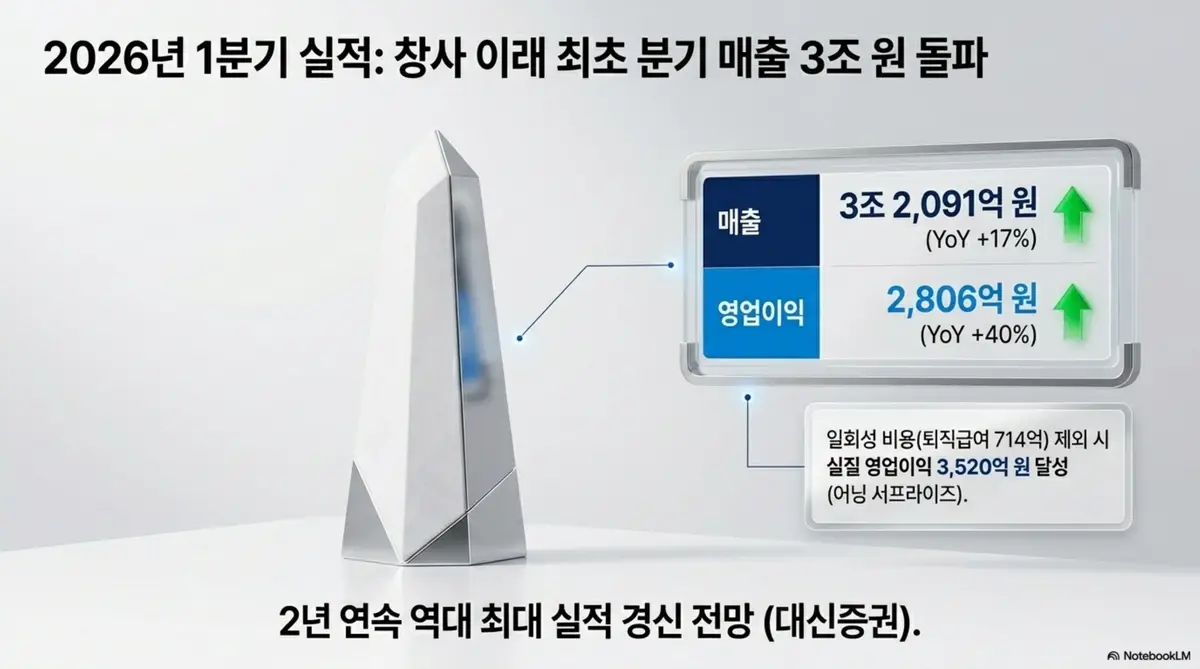 삼성전기 주가 전망: 삼성전기 2026년 1분기 창사 이래 최초 분기 매출 3조 원 돌파 실적을 보여주는 인포그래픽. 매출 3조 2091억 원과 영업이익 2806억 원 그리고 일회성 비용 제외 시 실질 영업이익 3520억 원 달성을 시각적으로 전달하며 블로그의 삼성전기 실적 분석과 관련된 내용을 설명한다 