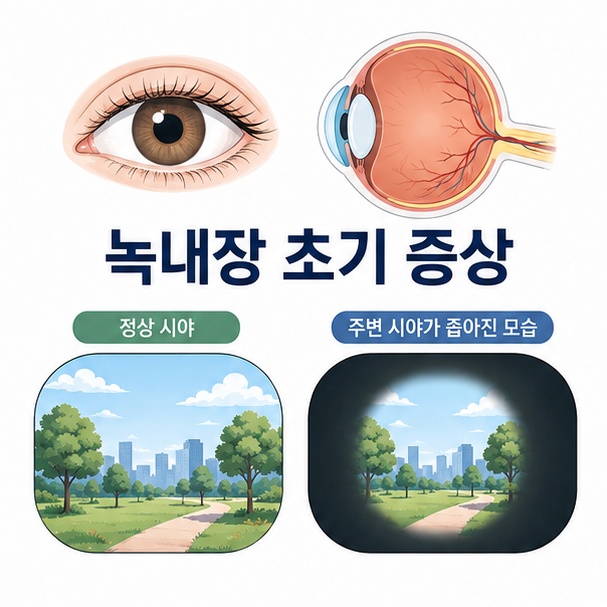 눈과 시신경, 주변 시야가 좁아지는 모습을 이용해 녹내장의 특징을 설명한 그림