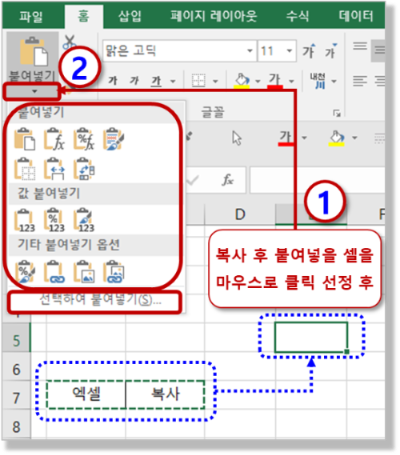 붙여넣기 옵션/선택하여 붙여넣기 - 리본 메뉴