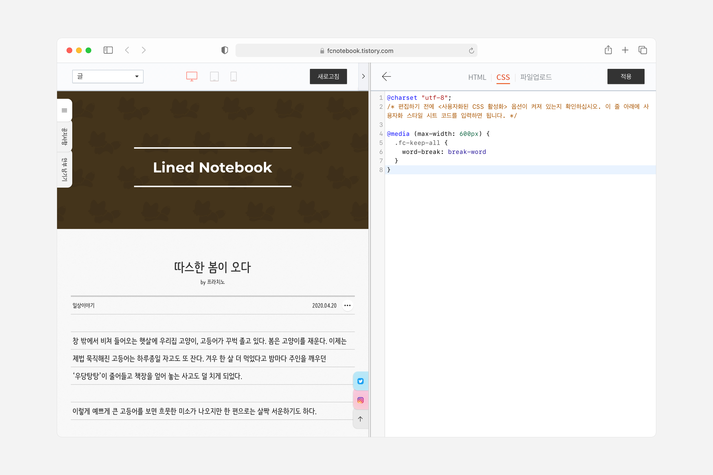 스킨 편집 페이지의 CSS 편집
