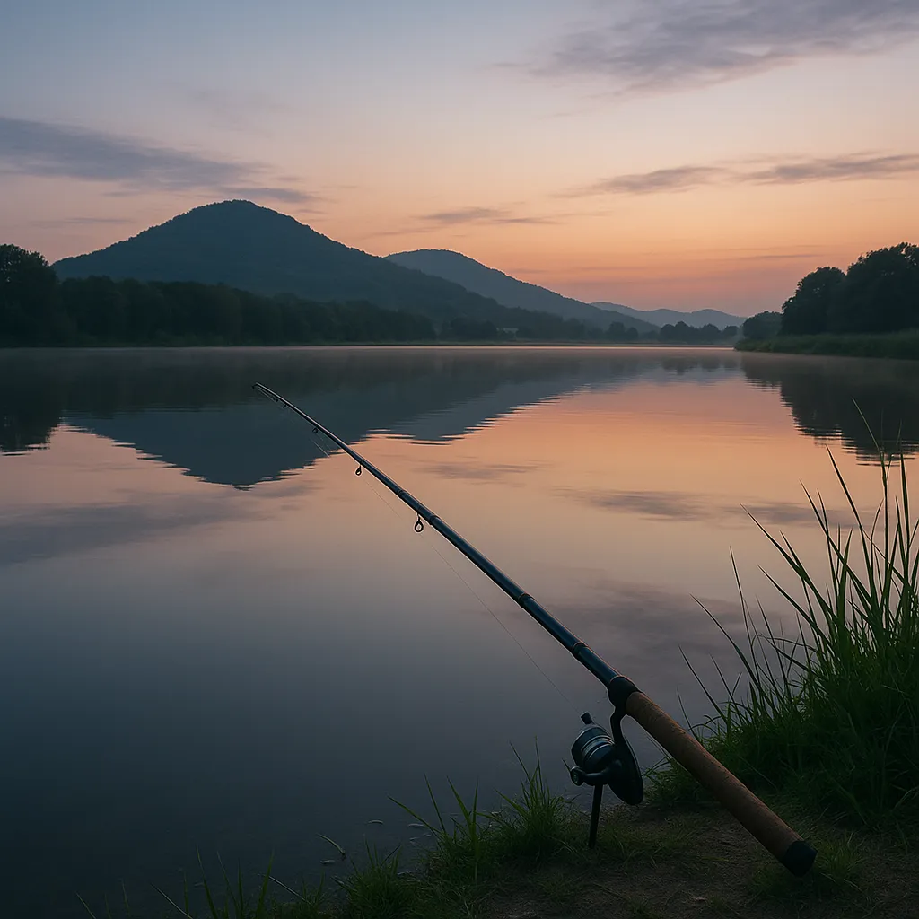 길상지 저수지 새벽 수면에 비친 산과 낚시대 모습