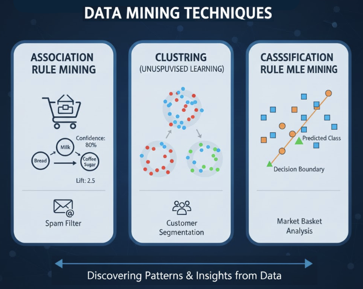 데이터 마이닝의 세 가지 핵심 기법(연관 규칙, 군집화, 분류)을 장바구니 분석, 고객 세분화, 데이터 분류 예시와 함께 비교하여 보여주는 시각적 다이어그램