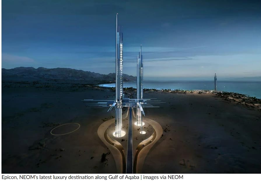 사우디 네옴, 해안사막 초미래 에피콘 타워 공개 VIDEO: NEOM unveils ultra-futuristic epicon towers in saudi arabia's coastal desert