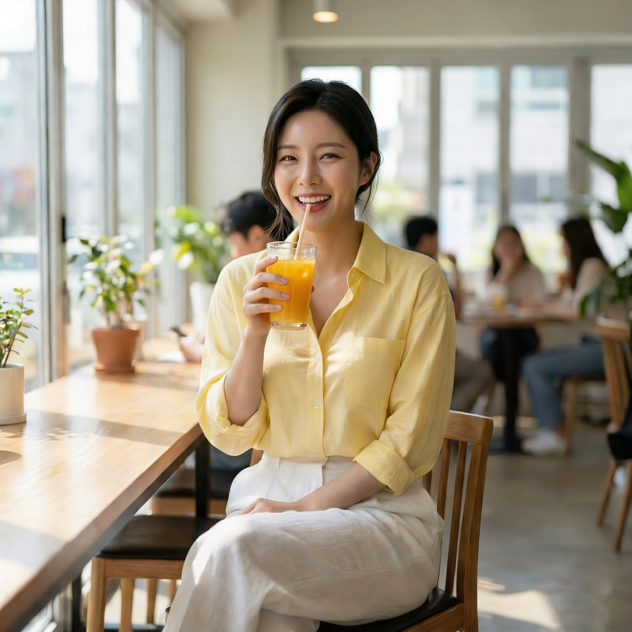 카페에서 비타민C가 든 음료를 마시며 활기차고 생기 있게 웃는 풀샷. 피로가 회복된 듯 에너지 넘치는 건강한 장면.