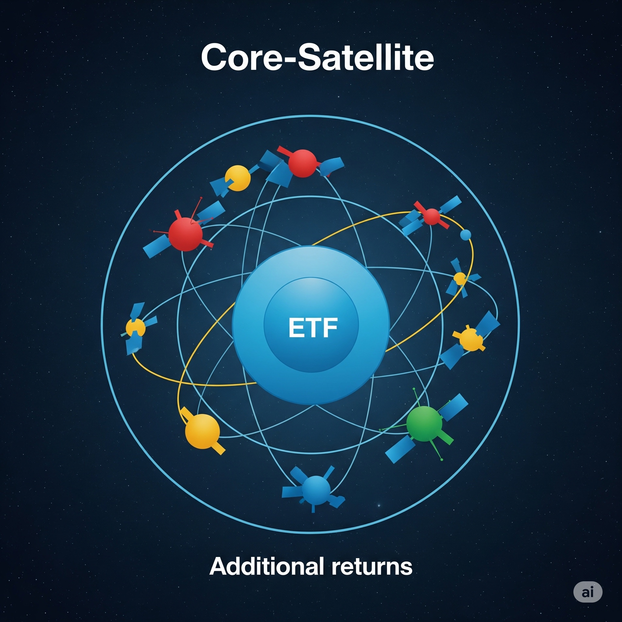 안정적인 코어(방패)를 중심으로 여러 위성(개별 자산)이 도는 코어-위성 투자 전략 도식화