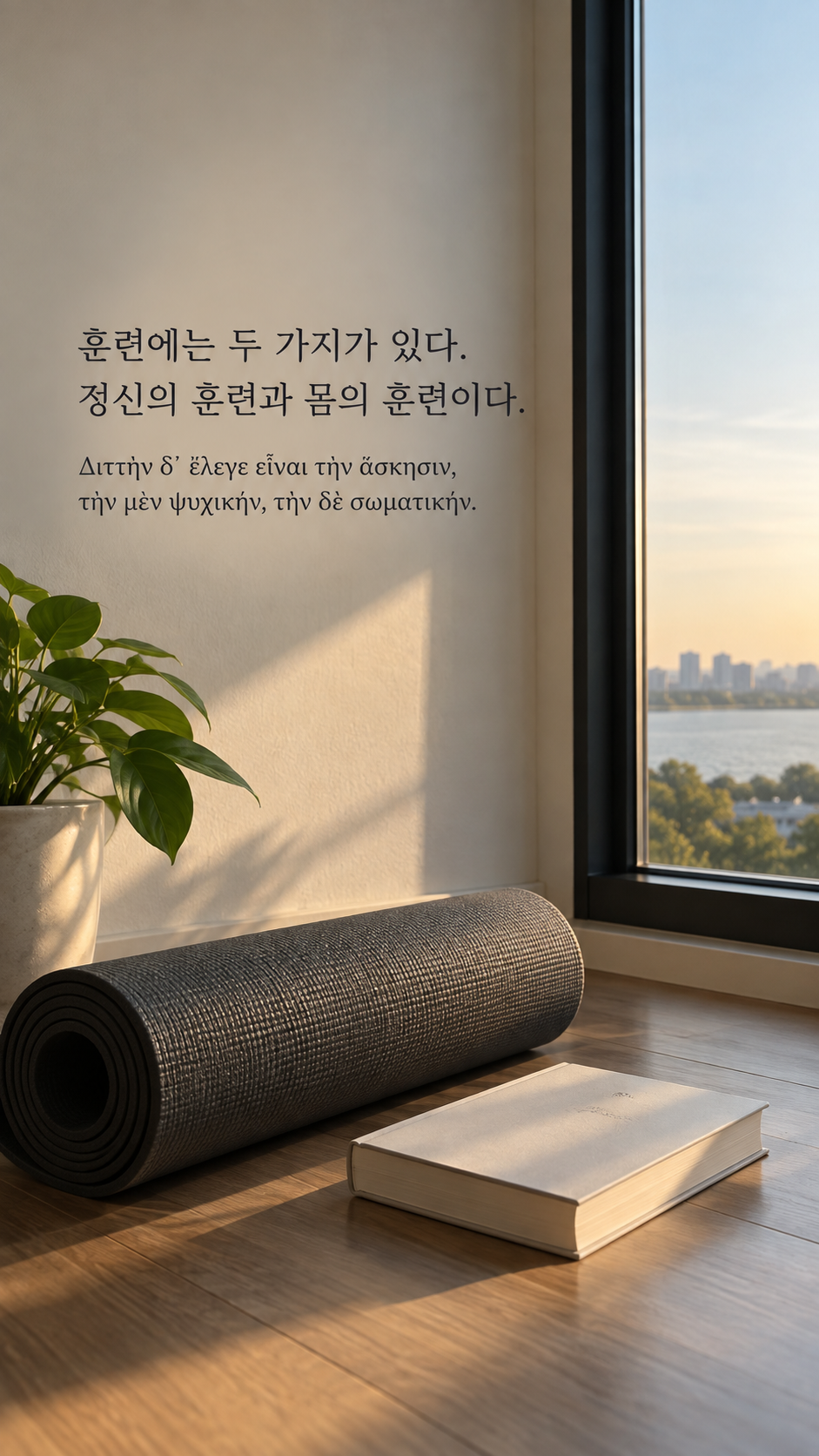 디오게네스 명언 23 훈련에는 두 가지가 있다. 정신의 훈련과 몸의 훈련이다. 한글과 그리스어 원문이 담긴 세로 사진