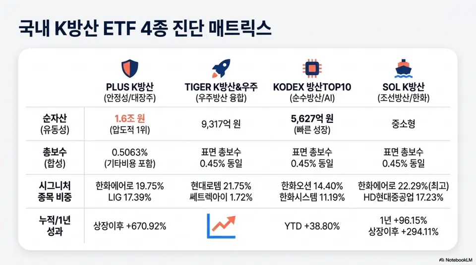 방산, 우주항공 ETF: 국내 K방산 ETF 4종 진단 매트릭스. PLUS K방산 순자산 1.6조 원과 TIGER K방산 우주 9317억 원 그리고 KODEX 방산TOP10과 SOL K방산의 총보수 편입종목 비중 수익률을 표로 비교