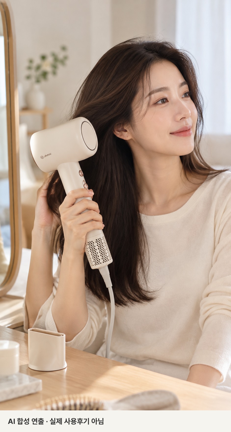 가상의 성인이 드라이기를 살펴보는 생활 장면 AI 합성 연출