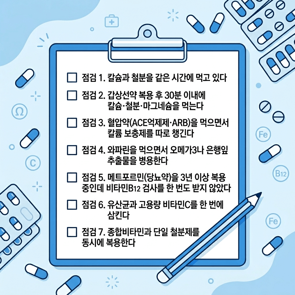 영양제 상호작용 셀프 점검표 체크리스트 카드 일러스트