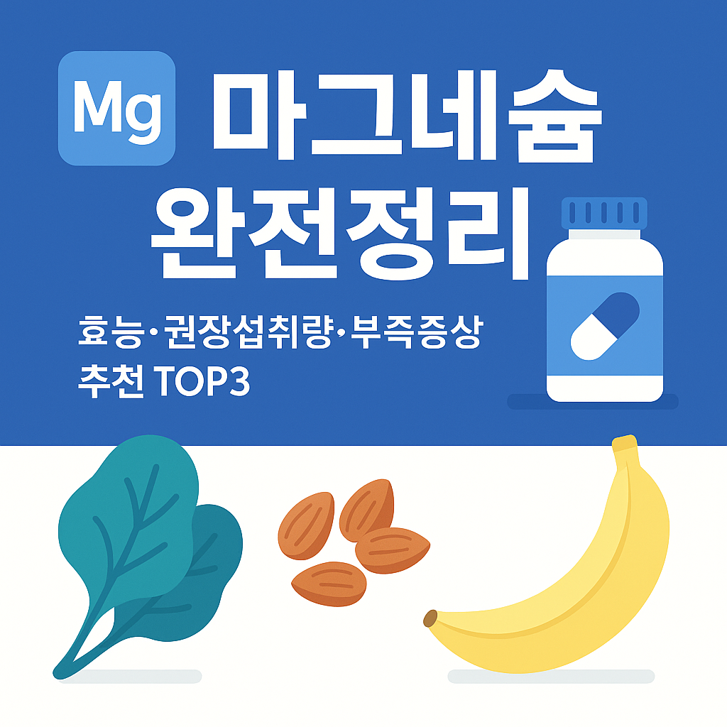 마그네슘은 300개 이상의 효소 반응에 관여하는 필수 미네랄입니다. 근육 이완, 신경 전달, 에너지 대사, 혈압&middot;혈당 조절, 수면&middot;편두통 관리까지 폭넓게 작용하므로 섭취량&middot;제형&middot;흡수성을 파악해 자신에게 맞게 선택하는 것이 중요합니다.