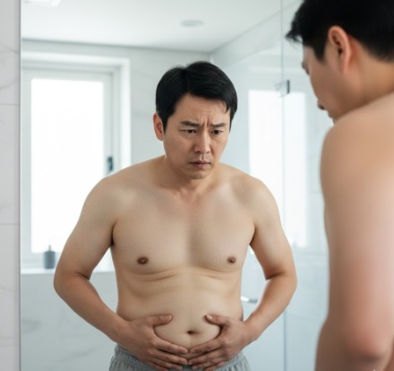 40대 남성이 복부 비만을 보며 걱정 하고 있다