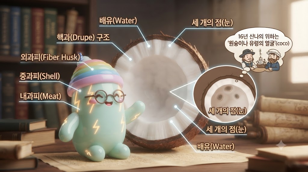 쫀쿠가 '코코넛 연구소'에서 거대한 코코넛 열매를 반으로 쪼개어 입체적인 해부도를 보여줍니다. 겉의 두꺼운 섬유질 껍질(husk), 단단한 껍데기(shell), 하얀 과육(meat), 그리고 투명한 액체인 코코넛 워터까지 층층이 구조가 명확하게 분리되어 설명됩니다. '핵과(drupe)'라는 식물학적 분류와 함께 포르투갈 선원들이 붙인 '유령 얼굴(coco)' 점 세 개도 강조됩니다.