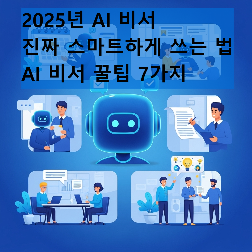 다양한 사람들이 AI 비서의 도움을 받아 스케줄 관리, 문서 작성, 아이디어 브레인스토밍 등 일상과 업무 생산성을 높이는 모습을 담은 밝고 현대적인 이미지. AI 비서의 효율성과 편리함을 시각적으로 표현.