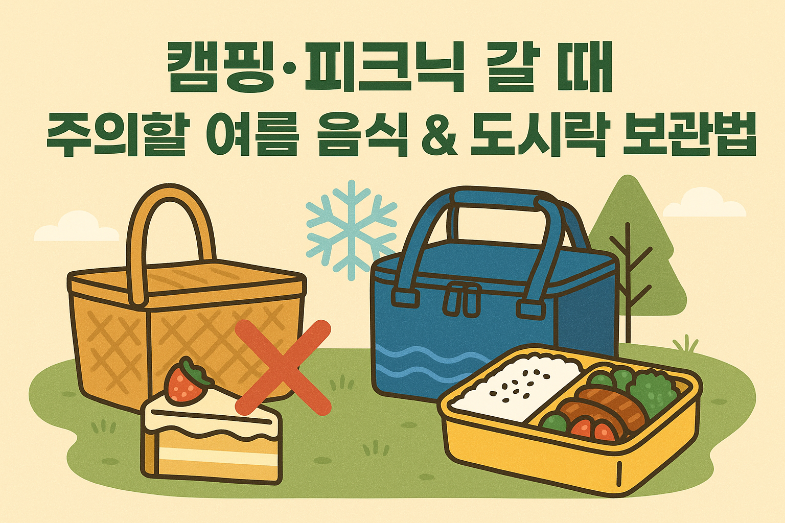 “캠핑 바구니와 보냉 도시락통, 도시락 반찬이 일러스트로 표현되어 있고, 여름철 식중독 주의 표시로 케이크에 X표가 그려진 장면. 제목은 ‘캠핑·피크닉 갈 때 주의할 여름 음식 & 도시락 보관법’.”