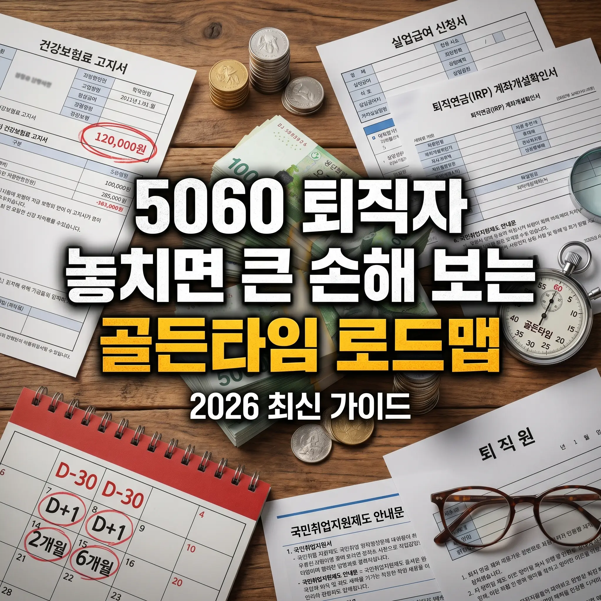 2026년 최신 5060 퇴직자 실전 가이드 썸네일 이미지. 책상 위에 건강보험료 고지서, 실업급여 신청서, 퇴직연금 IRP 계좌개설확인서, 국민취업지원제도 안내문 등 은퇴 관련 필수 서류들이 놓여 있고, 달력에는 D-30, D+1, 2개월, 6개월 등 주요 일정이 표시되어 있다. 중앙에는 '5060 퇴직자 놓치면 큰 손해 보는 골든타임 로드맵'이라는 문구가 강조되어 있다.
